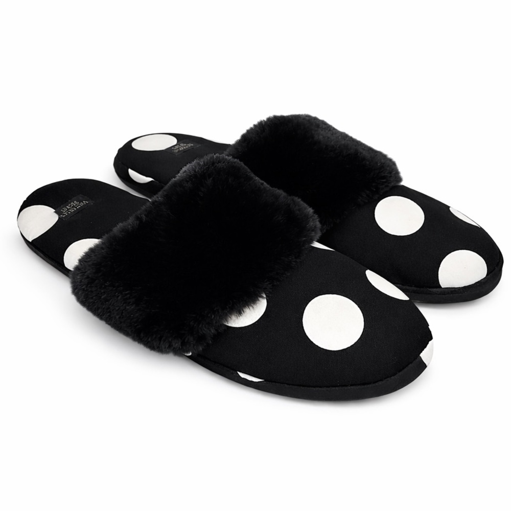 Victoria’s Secret Polka Dot Faux Fur Slippers Black White M 7–8